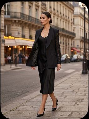 POL Black Double-Breasted Blazer with Lace Sleeves